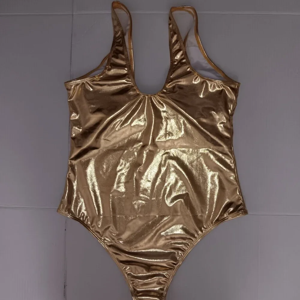 METALLIC GOLD PADDED CUPS ONE PIECE SWIMSUIT - Picture 2 of 12